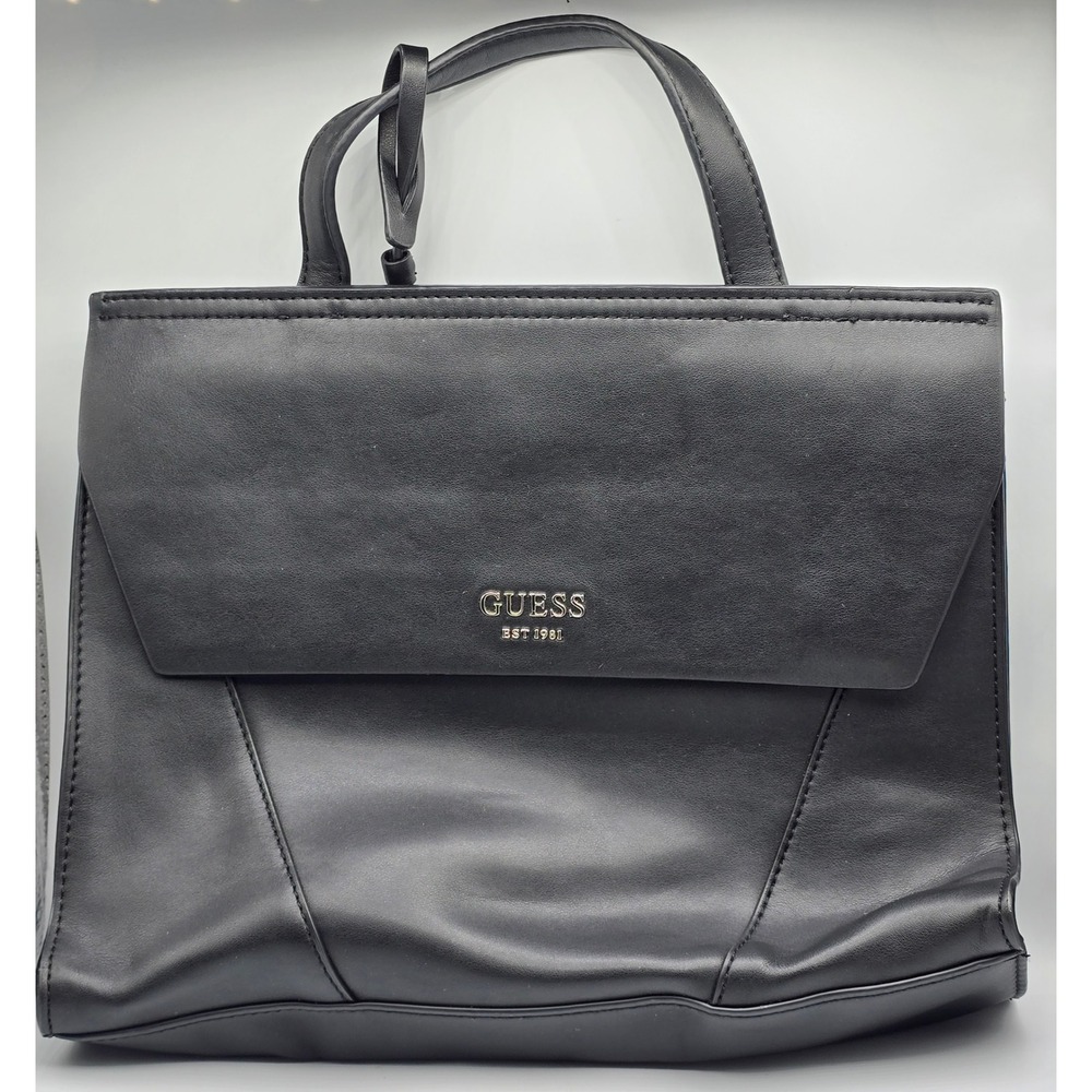 Guess Shawna Top Handle Satchel Shoulder Bag Purse Black Gold Sleek Faux Leather